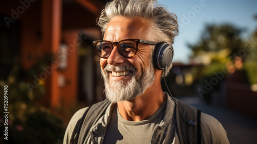 Cheerful senior man jogging and listening to the music