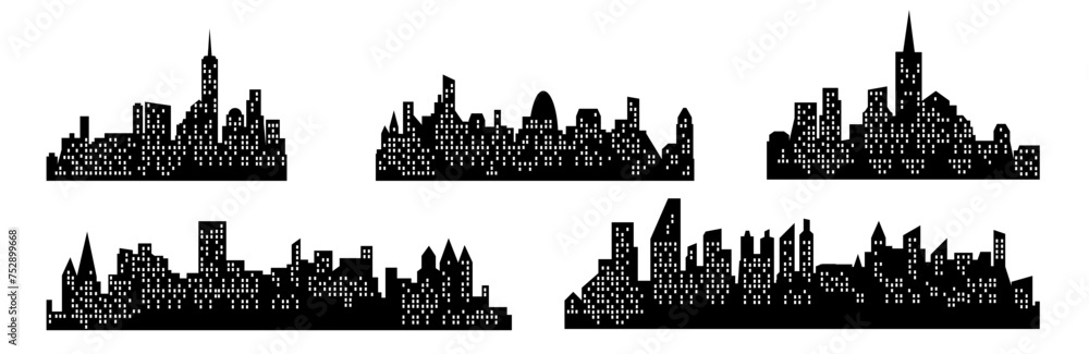 Vector drawing of city skyline buildings. City background in the evening.