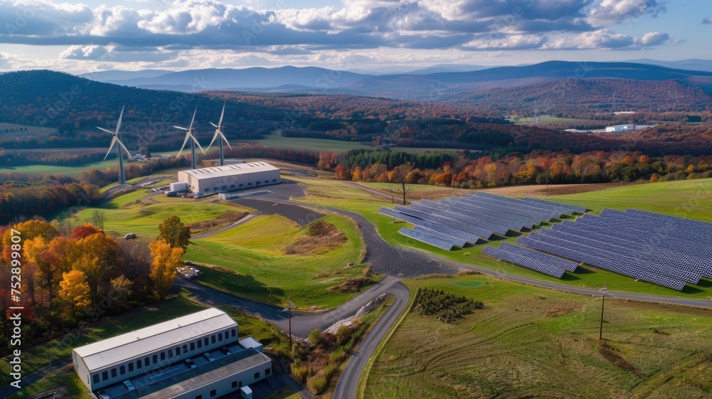 aerial shot of a renewable energy research complex, showcasing experimental wind turbines and solar fields