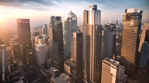 A sun set drone Aerial shot of skyscrapers of business centre, Urban scene of financial company office. Camera moving slow forward buildings photo