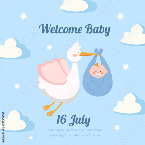 Cute design elements for baby shower invotation and party with stork