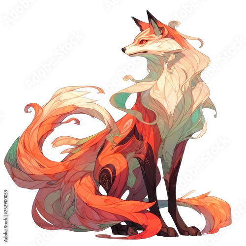 An illustration of a beautiful fox with long white-orange fur tail