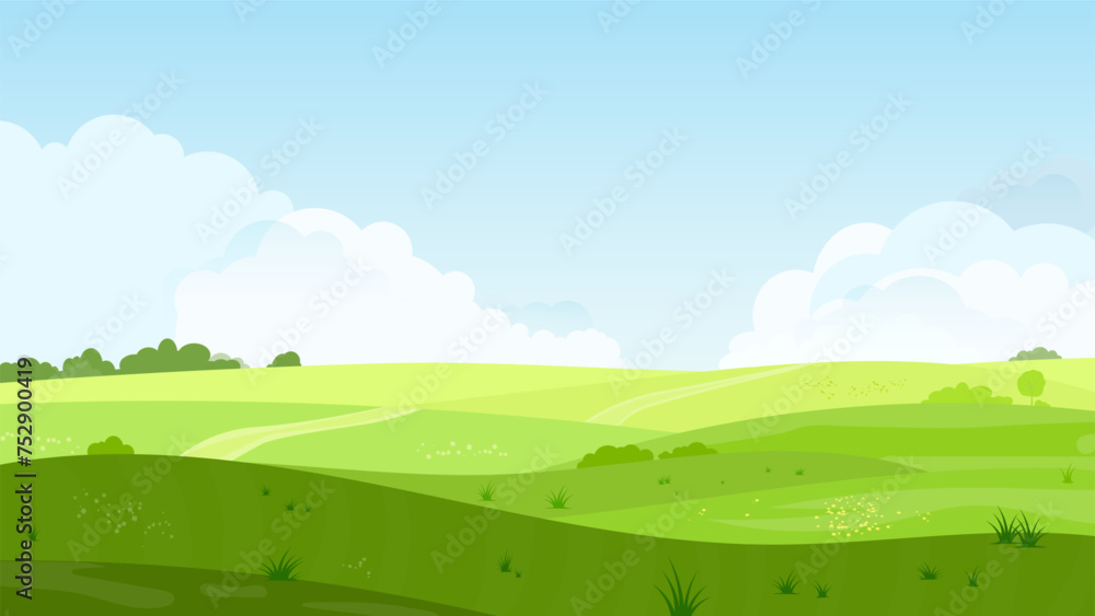 Abstract summer hilly landscape with meadows, plants, blue sky and clouds