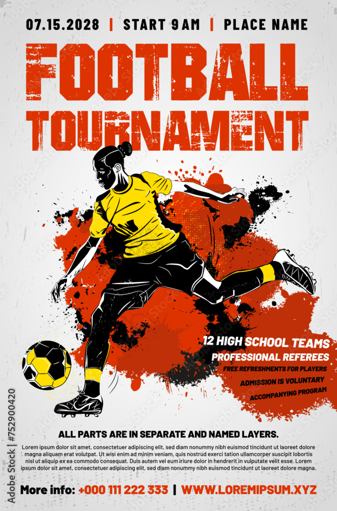 © Jaroslav Machacek - Football or soccer poster template with stylized drawing of soccer player with ball, splashes, scratches and sample text © Jaroslav Machacek - Football or soccer poster template with stylized drawing of soccer player with ball, splashes, scratches and sample text