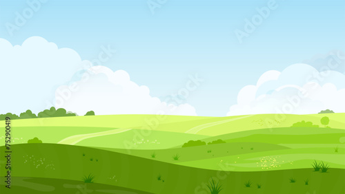 Abstract summer hilly landscape with meadows, plants, blue sky and clouds photo