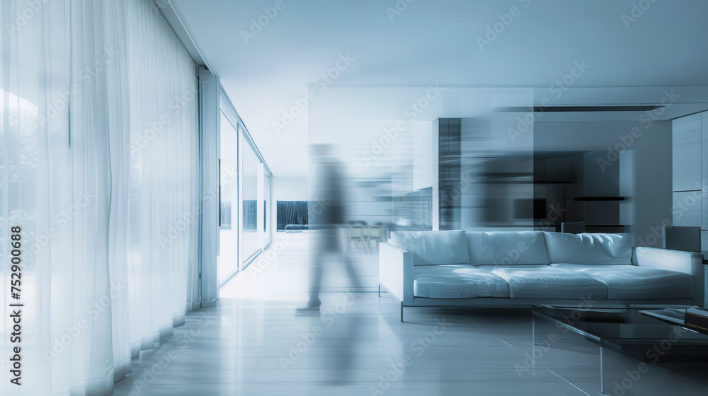 Contemporary living room with ghostly human presence