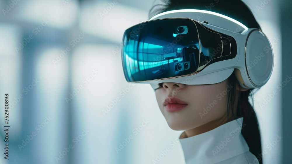 Woman immersed in virtual reality experience with VR headset, wearing white clothing and illuminated with blue lights Woman immersed in virtual reality experience with VR headset, wearing white clothing and illuminated with blue lights