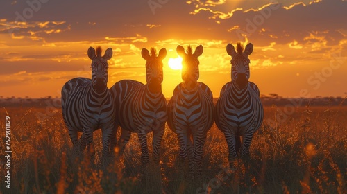 Zebras on African Savanna at Sunset