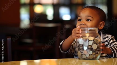 Wallpaper Mural Boy learns to save his money. The boy holds a jar of coins in his hands. Children learn to save for the future concept. Torontodigital.ca