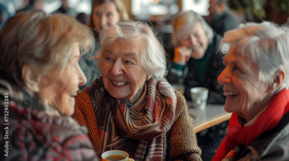 a group of  older women sitting in a cafe talking 