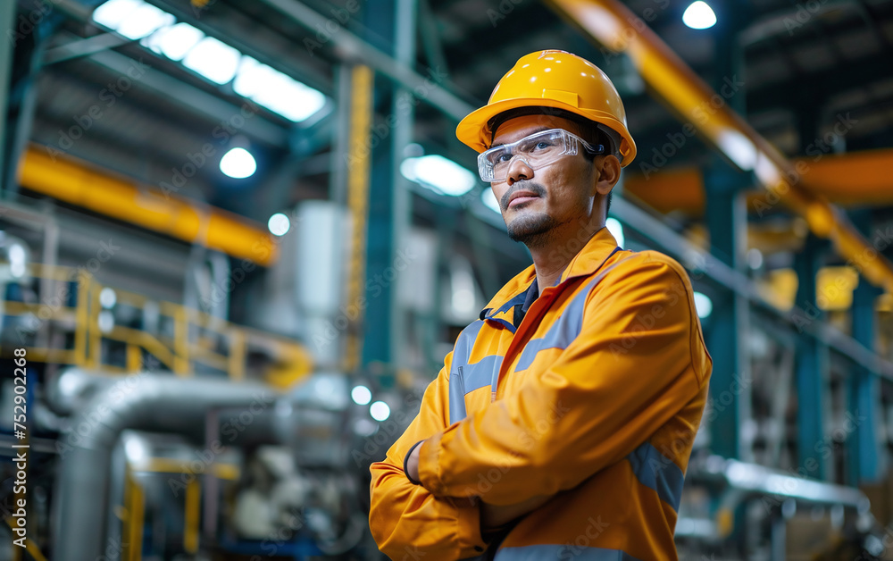 Portrait of maintenance engineer wearing uniform and hard hat on factory station. Portrait of maintenance engineer wearing uniform and hard hat on factory station.