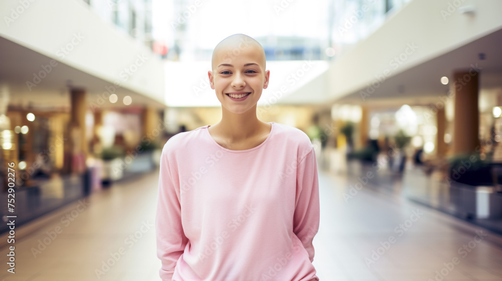 Headshot portrait of smiling young Caucasian hairless woman sick with cancer show power strength beat disease. Happy millennial female battle oncology, overjoyed about remission or recovery.