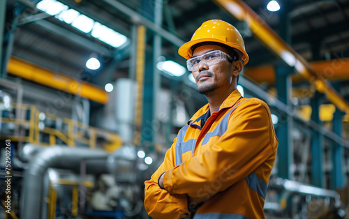 Portrait of maintenance engineer wearing uniform and hard hat on factory station. © izzuan