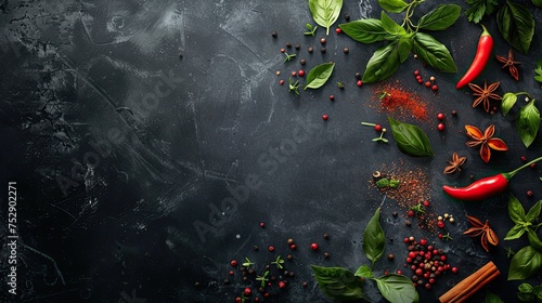 several spices and leaves at the edges on a dark chalkboard background, capturing a top view of the whole image with high depth of field and ample empty space for text.