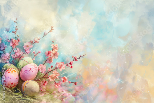 Pastel Easter eggs and spring blossoms on watercolor background