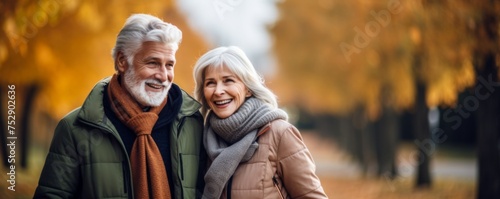 Portrait of active pensioner old couple in park, healthy lifestyle banner. Generative Ai.