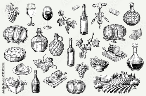 Set of hand drawn illustrations on theme of wine