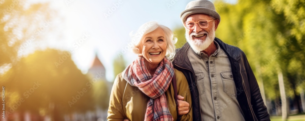 Portrait of active pensioner old couple in park, healthy lifestyle banner. Generative Ai. Portrait of active pensioner old couple in park, healthy lifestyle banner. Generative Ai.