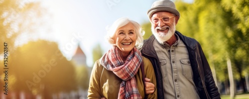 Portrait of active pensioner old couple in park, healthy lifestyle banner. Generative Ai.