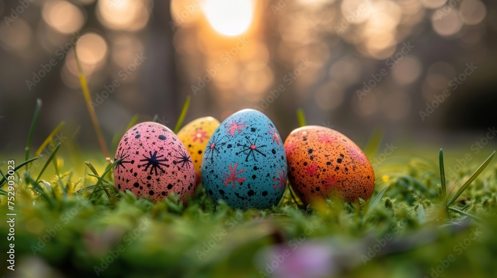 Four colorful Easter eggs lying on grass against a blurred background of a garden or park during sunset. Four colorful Easter eggs lying on grass against a blurred background of a garden or park during sunset.