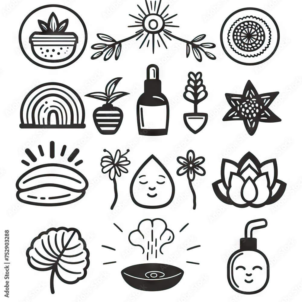 Wholesome Wellness - Nurture Body and Mind. Sticker Collection. Multiple. Vector Icon Illustration. Icon Concept Isolated Premium Vector. Line Art. Black Outline. White Background.