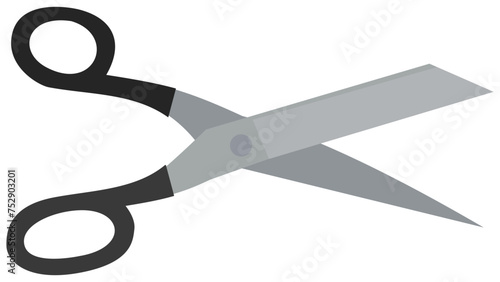 Open metal designer scissors with black handle isolated (flat design,cut out)