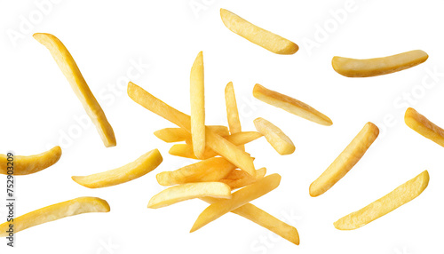 Falling french fries, potato fry isolated on white background, clipping path, full depth of field ,PNG, cutout, or clipping path. 