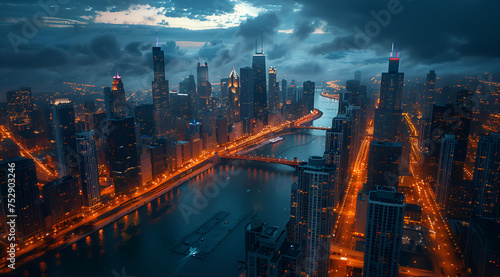 The Chicago skyline. In the style of Albert Bierstad, skyline seen from rooftop, hotorealistic_still photograph drone photography, Generative AI © Azmee