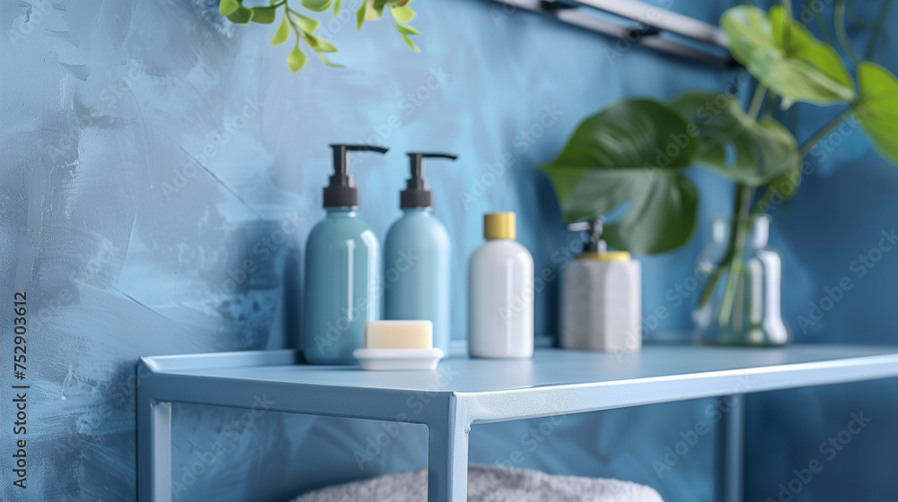 Towels and bottles with cosmetics on shelf in bathroom