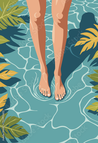 Vector illustration of  legs of slim woman standing in shallow sea water on the summer beach. Relax, travel and summer vacation