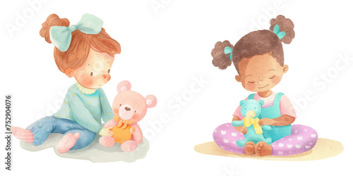  cute kid playing doll watercolour vector illustration
