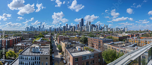 The Chicago skyline. In the style of Albert Bierstad, skyline seen from rooftop, hotorealistic_still photograph drone photography, Generative AI