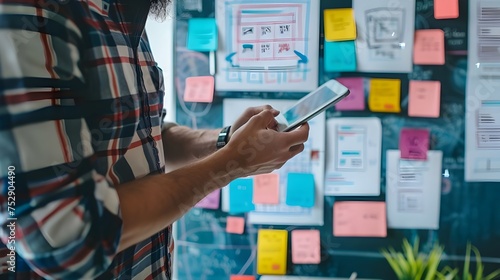 A Person Holding Diigital Tablet PC With A Sticky Notes On Board In The Background. photo