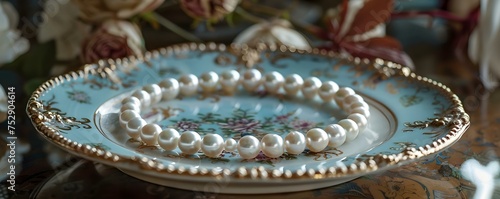 Emphasize tradition with aerial view of heirloom pearl necklace in elegant setting. Concept Aerial Photography, Heirloom Jewelry, Pearl Necklace, Elegant Setting, Tradition Emphasis