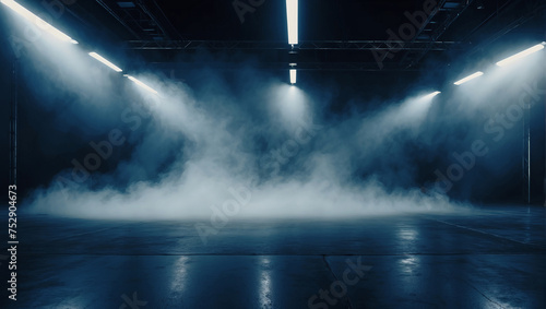 Background, dark empty stage with spotlights and smoke.