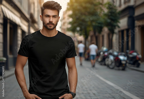 Young Model Shirt Mockup, Boy wearing black t-shirt on street in daylight, Shirt Mockup Template on hipster adult for design print