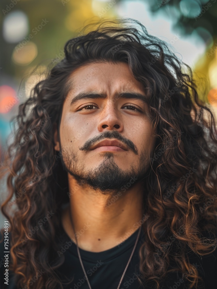 street portrait of handsome latino man with wavy hair captures a mood of contemplation amidst a city backdrop