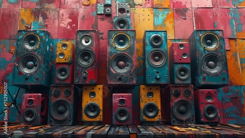 Background of multi-colored music columns and speakers on a wooden surface.