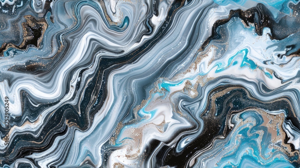 a pastel hydrodip marble shiny texture pattern, featuring colors silver, black, and blue on a seamless background. SEAMLESS PATTERN