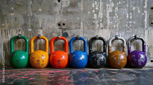 A set of colorful kettlebells