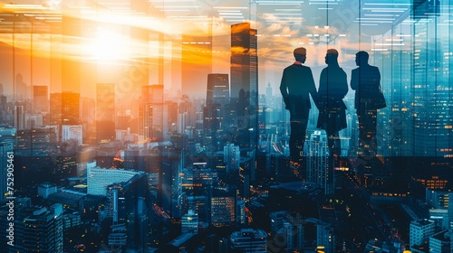  Successful Business People in Double Exposure with High-Rise City Office Building