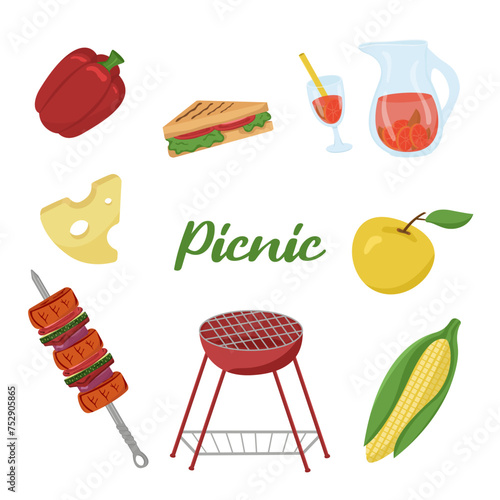 Vector illustration of picnic food and drinks. Colored barbecue card. Family weekend items. BBQ elements. Image of vegetables, fruits, drinks and picnic items.