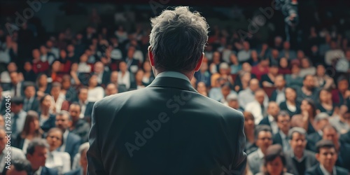 A business speaker presents to an engaged audience at a conference. Concept Business presentation, Engaged audience, Conference keynote, Professional speaker