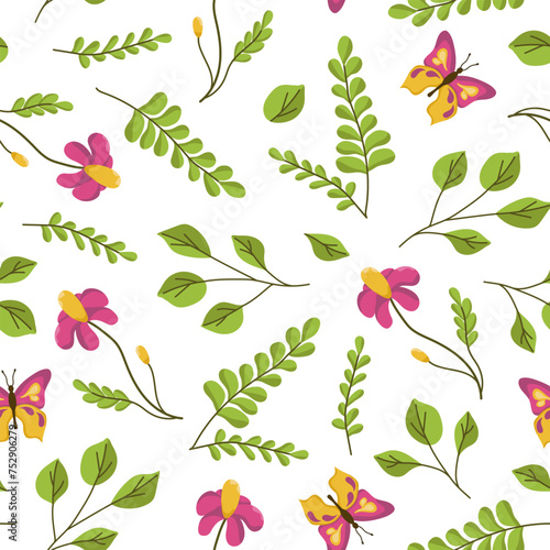 Seamless vector illustration of spring flowers  leaves and beans. Colored spring wallpaper on a white background.