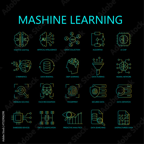 Cybernetics Vector Graphics: Machine Learning Icons.