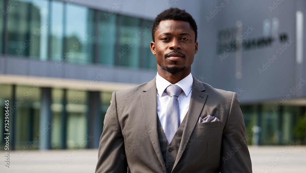 African business man dress neatly and confidently standing in front of the office building
