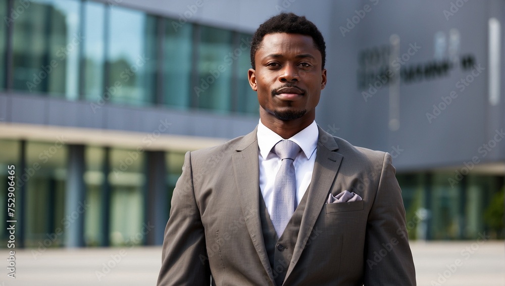 African business man dress neatly and confidently standing in front of the office building African business man dress neatly and confidently standing in front of the office building