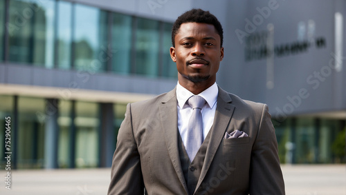 African business man dress neatly and confidently standing in front of the office building