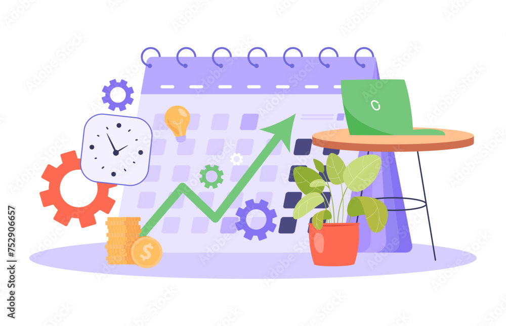 Huge flip calendar and arrow up. Vector illustration. Clock, table with laptop, stack of coins, lightbulb, gear wheels. Improving productivity of workers concept Huge flip calendar and arrow up. Vector illustration. Clock, table with laptop, stack of coins, lightbulb, gear wheels. Improving productivity of workers concept