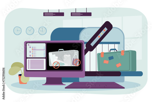 Computer showing scanned baggage at airport. Vector illustrstion. Conveyor belt with suitsace, hand held metal detector scanner. Restrictions on fluid transportation, airport, travel concept